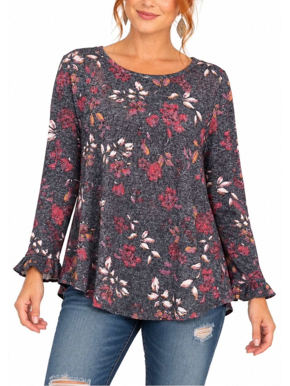 Maurices 24/7 gray knit long sleeve top with floral print and ruffle sleeves